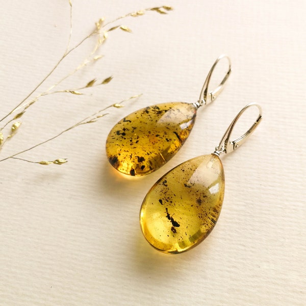 Green amber drop earrings with silver 925, Light green natural amber earrings with black pattern, new design simple earrings gift for women