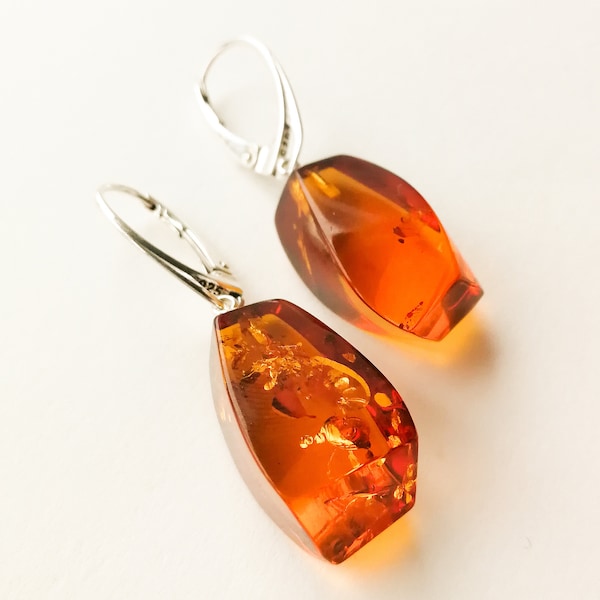 Natural Baltic amber intense cognac color earrings, original faceted shape amber, clear golden amber stone, untreated genuine amber silver