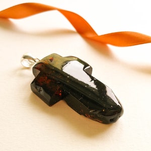 Avant-garde dark green amber pendant cross shape, raw dark color amber and silver jewelry, natural Baltic amber large statement pendant her