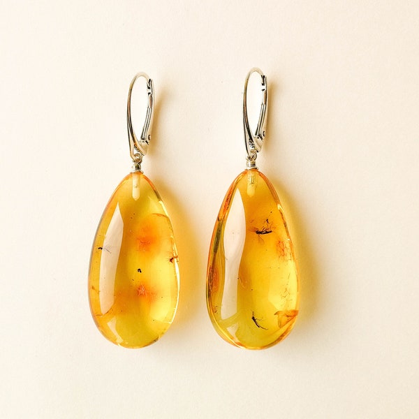 Insects amber earrings, shiny natural cognac amber organic drop shape earrings, high quality amber earrings with inclusions, amber with bits