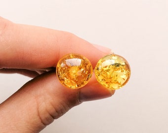 Cognac color mini round amber beads stud earrings, honey amber round earrings, amber and silver, minimalist amber earrings, amber for women