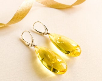 Clear lemon color amber earrings, champagne color drop shape amber earrings for women, amber resin jewelry for her, flat yellow amber silver