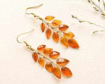Light wire royal cognac color amber earrings, flower leafs earrings, amber and brass gold plated, bright orange color long amber earrings