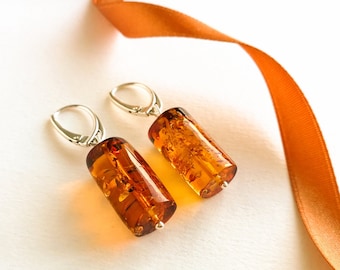 Very large and thick original design genuine amber honey earrings, brown amber earrings barrels with silver, cognac amber resin jewelry her