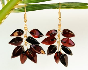 Light wire royal cherry color amber earrings, flower leafs earrings, amber and brass gold plated, dark red color long amber earrings for her