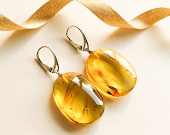 Insects natural amber earrings, cognac color large amber earrings with bits, women amber earrings & silver 925, oval mosquitoes amber her