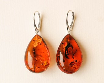 Large genuine Baltic amber cognac color drops earrings handmade natural gemstone jewelry classy style exclusive earrings one of a kind