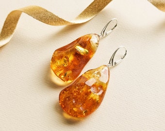 Clear yellow color natural amber unique triangle earring XL size genuine Baltic amber handmade jewelry original flat drop shape light cognac