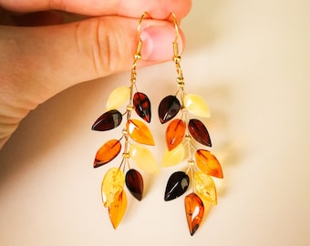 Light wire bright multi color amber earrings, flower leafs earrings, mix amber and brass gold plated, colorful long amber earrings for her