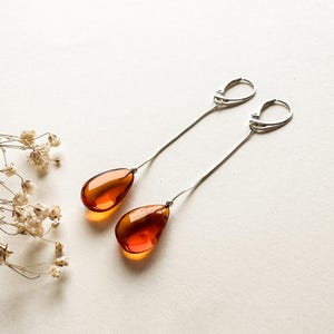 Royal cognac dangle & drop earrings, one drop amber earrings, orange amber earrings with silver, exclusive classy honey amber earrings her
