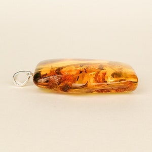 May include: A rectangular amber pendant with a silver bail. The amber is a warm honey color and has inclusions of plant material.