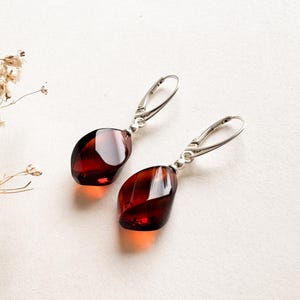 May include: A pair of earrings with dark red, teardrop-shaped stones and silver-coloured lever-back fastenings. The earrings are displayed on a light surface, with dried flowers in the background. The stones appear translucent.