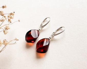 Luxurious dark red amber twisted original shape medium size amber earrings for women/ earrings with silver/ large burgundy color unique gift