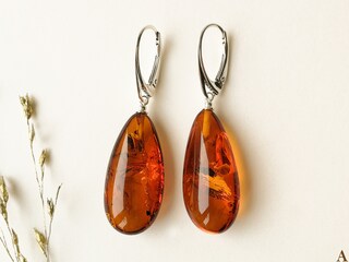 Orecchini Pendenti In Ambra Naturale Baltica Con Chiusura In Argento 925 Placcato Oro - Gioielli Eleganti Per Donna In Pietra Preziosa