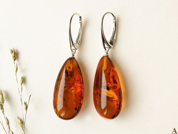 Orecchini Pendenti In Ambra Naturale Baltica Con Chiusura In Argento 925 Placcato Oro - Gioielli Eleganti Per Donna In Pietra Preziosa