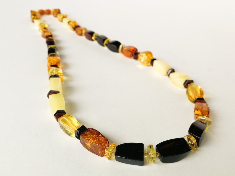 unique necklace design honey butterscotch colors faceted amber resin her necklace Multicolor rainbow style amber rectangle beads necklace