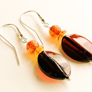Natural Baltic amber royal cherry her earrings, dark black genuine amber oval earrings, silver earrings original stand out, faceted amber