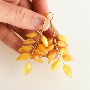 Light wire light yellow amber earrings, flower leaf earrings, butterscotch amber and brass gold plated, milky long amber earrings for her image 2