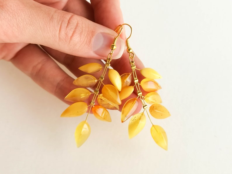 Light wire light yellow amber earrings, flower leaf earrings, butterscotch amber and brass gold plated, milky long amber earrings for her image 2