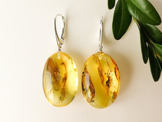 Orecchini in ambra verde per donna, gocce d'ambra fatte a mano, orecchini pendenti in argento sterling con chiusura a leva, argento sterling 925 placcato oro - Italia
