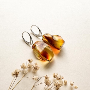 May include: A pair of amber earrings with silver hooks. The amber is a warm, honey colour and has a natural, irregular shape.