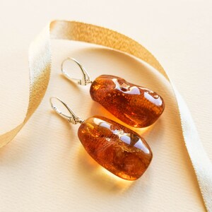 Handmade Natural Cognac Amber Dangle Earrings – Silver Plated, Lithuanian