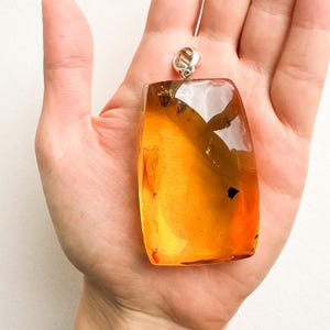 Super large natural Baltic amber pendant with insect, massive rectangle shape yellow amber charm with inclusions, amber jewelry with silver