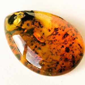 May include: A teardrop-shaped amber pendant with a dark brown and green inclusion. The amber is translucent and has a warm, golden hue.