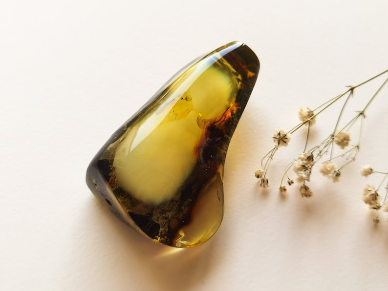 May include: A large, irregularly shaped piece of amber with a greenish-brown exterior and a translucent, yellowish-white interior. The amber has a natural, organic shape and is smooth to the touch.