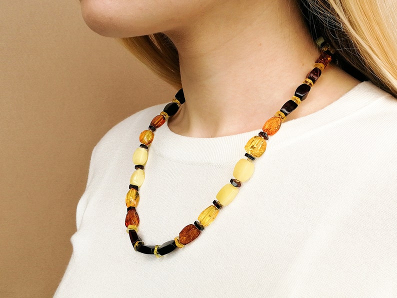 unique necklace design honey butterscotch colors faceted amber resin her necklace Multicolor rainbow style amber rectangle beads necklace
