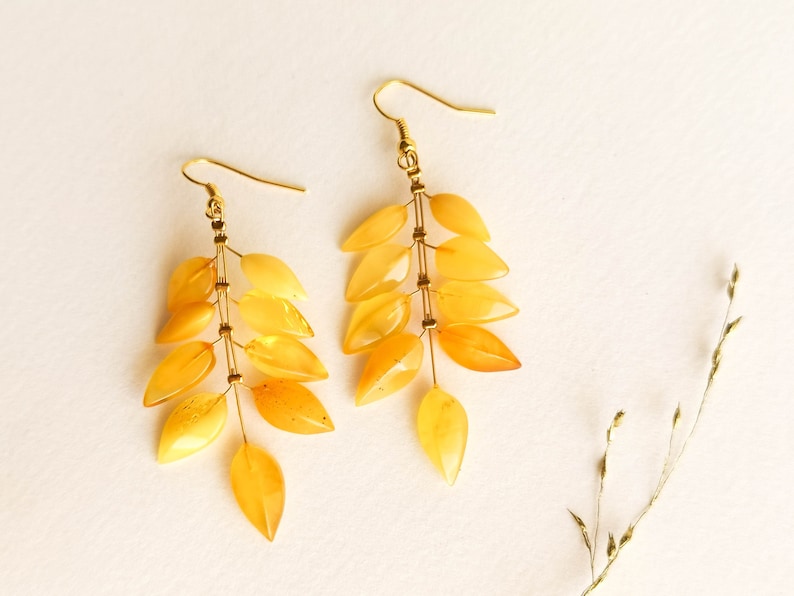 Light wire light yellow amber earrings, flower leaf earrings, butterscotch amber and brass gold plated, milky long amber earrings for her image 1
