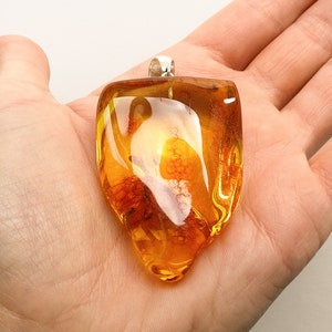Genuine amber pendant with insects,mosquito amber and silver jewelry, triangle amber pendant, bright honey amber pendant with skin & bits