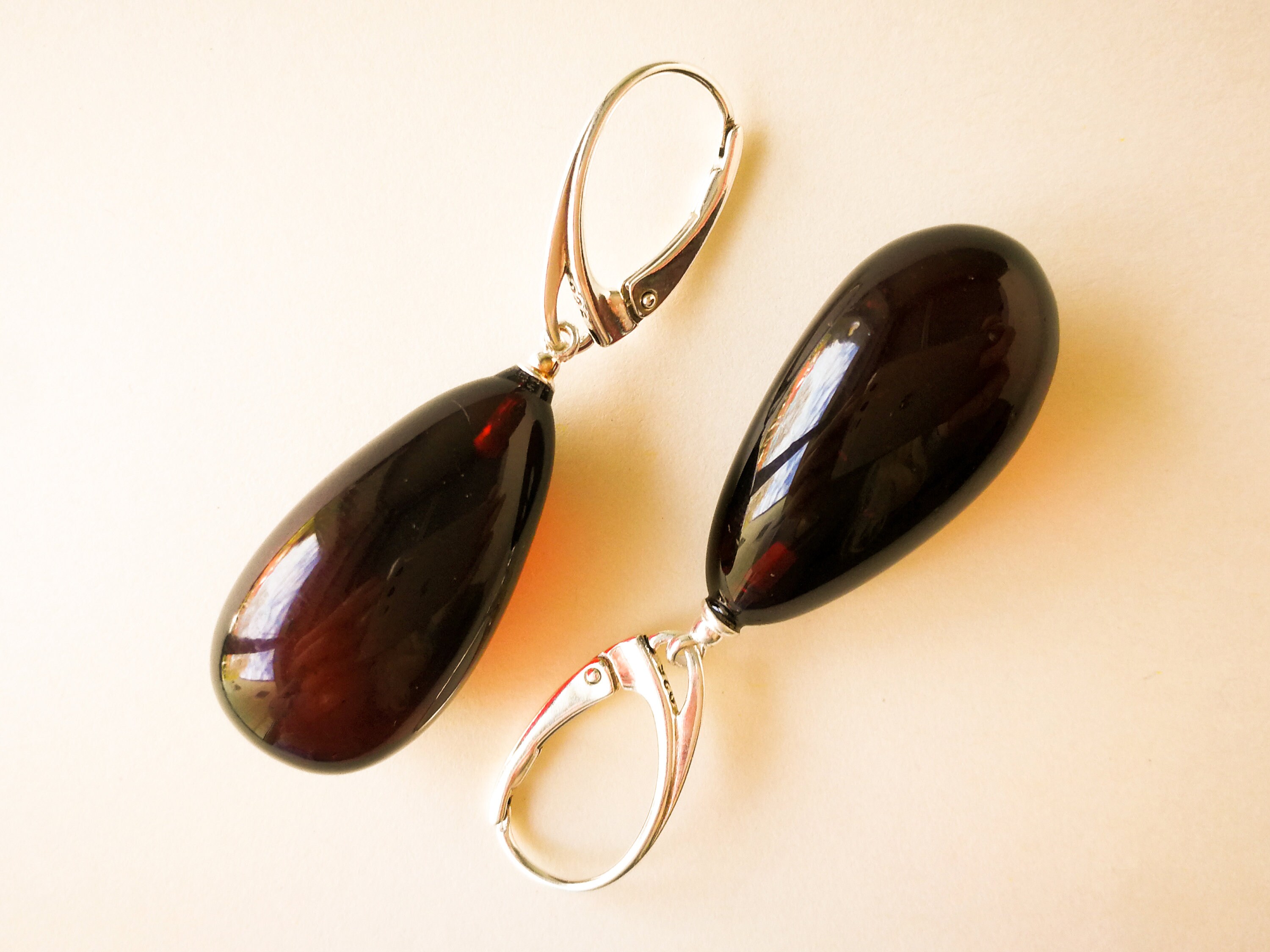Exclusive Dark Red Amber Earrings With Silver Burgundy Petite