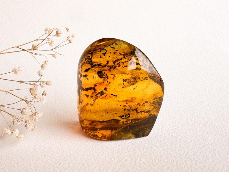 Unique structured amber for souvenir with 2 insects/ Clear golden cognac amber stone rectangle charm/ spiritual gemstone orange amber 100% image 3