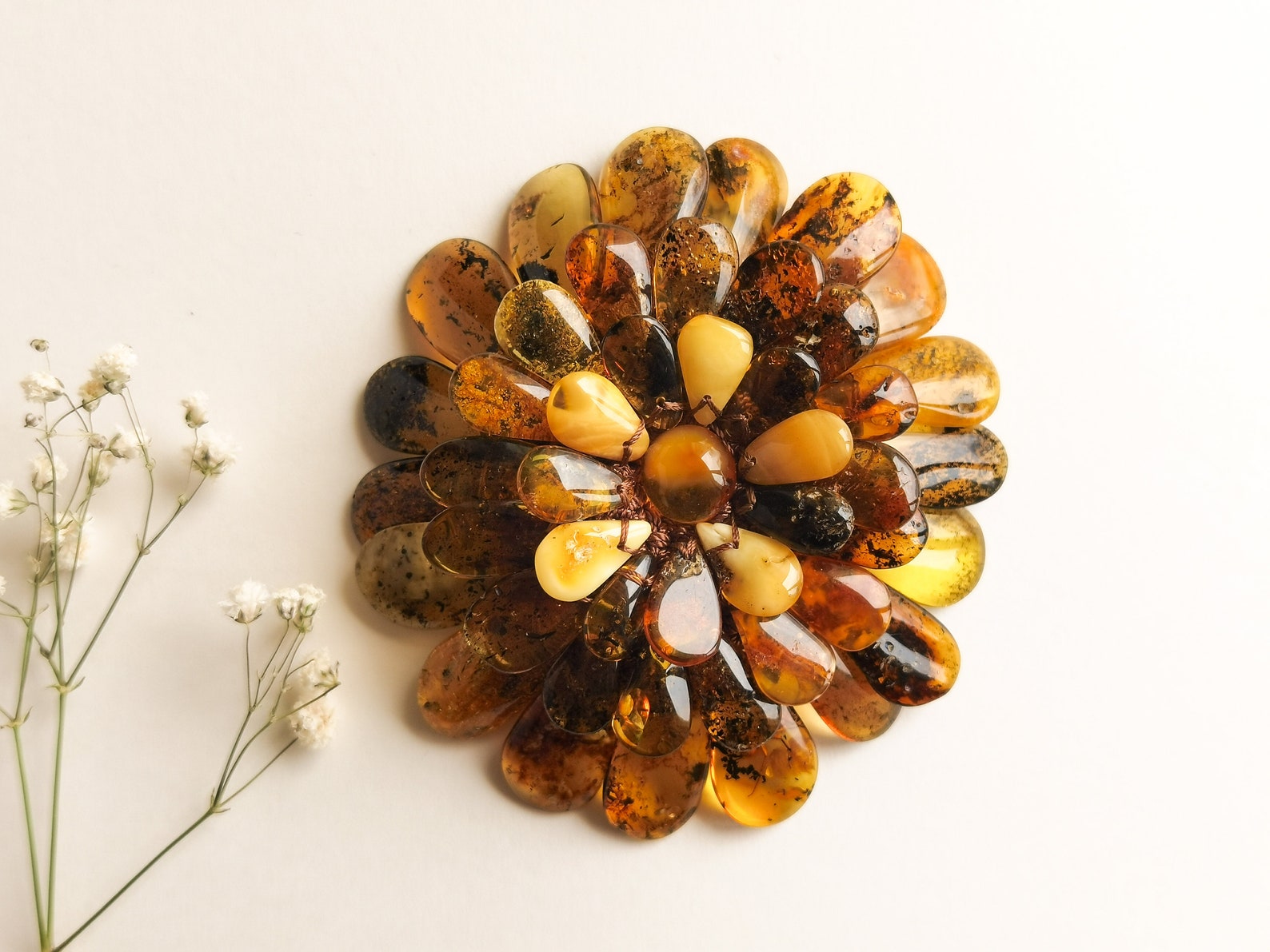 Nature's Embrace: Green & Yellow Leaf Amber Brooch/pendant - Earthy ...