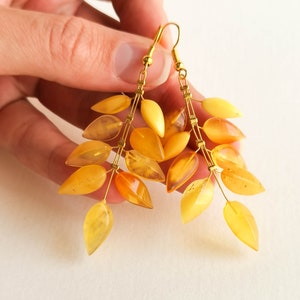 Light wire light yellow amber earrings, flower leaf earrings, butterscotch amber and brass gold plated, milky long amber earrings for her image 6