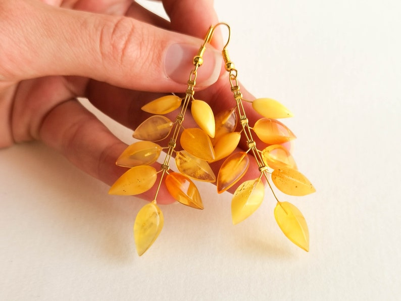 Light wire light yellow amber earrings, flower leaf earrings, butterscotch amber and brass gold plated, milky long amber earrings for her image 6