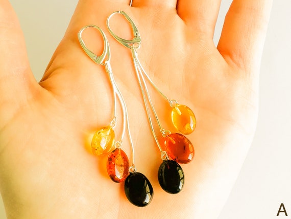Natural Tri Color Amber Drop Earrings Natural Tri Color Amber Drop Earrings
