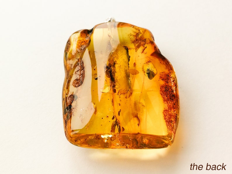 May include: A large, amber-colored pendant with a silver bail. The amber is translucent and has a variety of inclusions, including a small insect. The back of the pendant is smooth.
