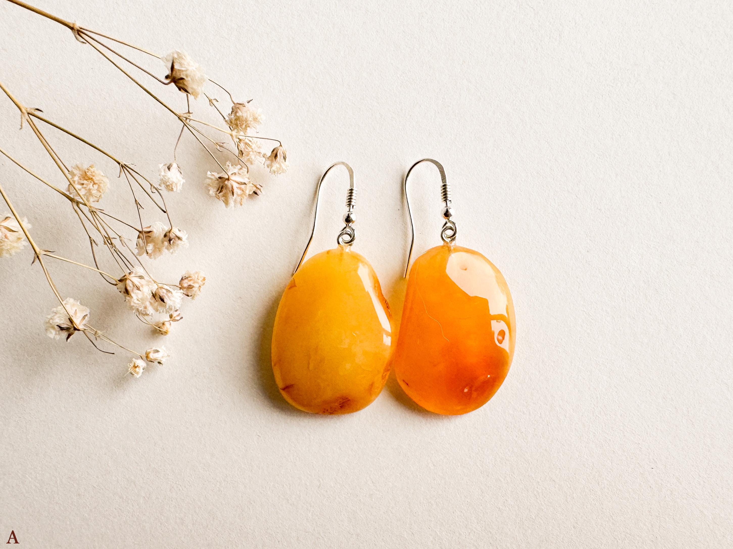 Bright orange color rectangle shape amber earrings, natural baltic amber handmade jewelry, orange color everyday earrings, boho style jewel