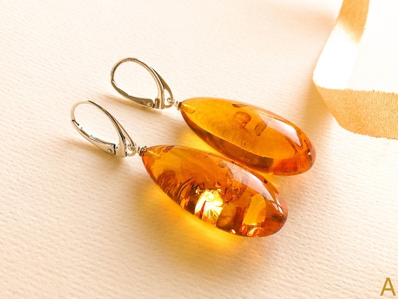 Natural Amber Large Cognac Color Drops Earrings for Women Genuine