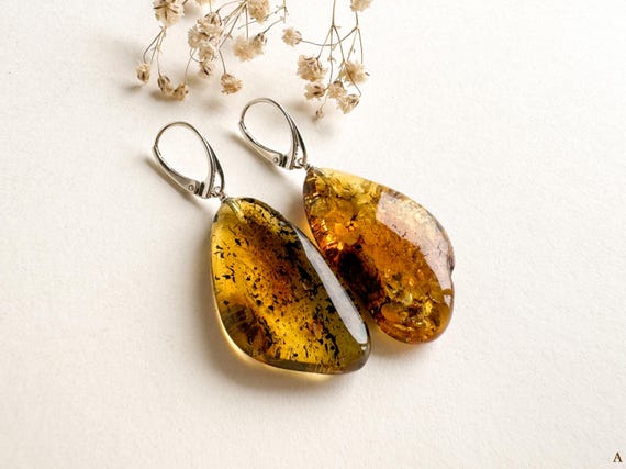 Boucles D'oreilles En Argent 925 Avec Ambre Vert - Petits Modèles Plaqués Or, Neuf Avec étiquettes