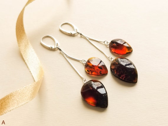 Natural Tri Color Amber Drop Earrings Natural Tri Color Amber Drop Earrings
