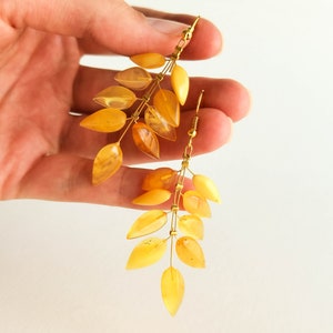 Light wire light yellow amber earrings, flower leaf earrings, butterscotch amber and brass gold plated, milky long amber earrings for her image 9
