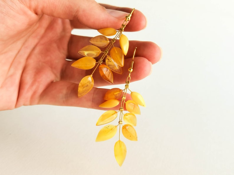 Light wire light yellow amber earrings, flower leaf earrings, butterscotch amber and brass gold plated, milky long amber earrings for her image 9