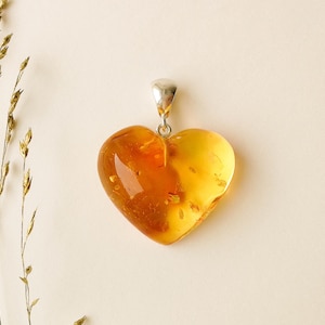 Large natural Baltic amber cognac color heart pendant, wow statement raw amber pendant with silver, deep honey amber heart symbolic gift her