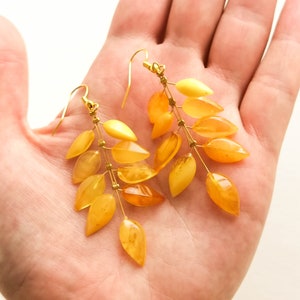 Light wire light yellow amber earrings, flower leaf earrings, butterscotch amber and brass gold plated, milky long amber earrings for her image 8