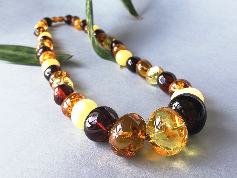 Natural Baltic amber multicolor round beads necklace genuine mix color rondelle nuggets shape details jewelry large size summer statement