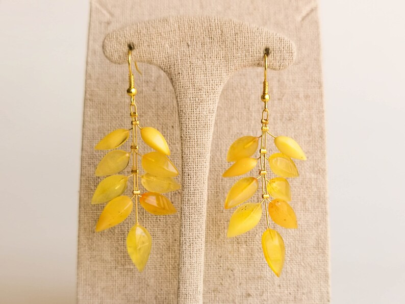 Light wire light yellow amber earrings, flower leaf earrings, butterscotch amber and brass gold plated, milky long amber earrings for her image 5