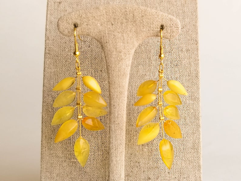 Light wire light yellow amber earrings, flower leaf earrings, butterscotch amber and brass gold plated, milky long amber earrings for her image 10